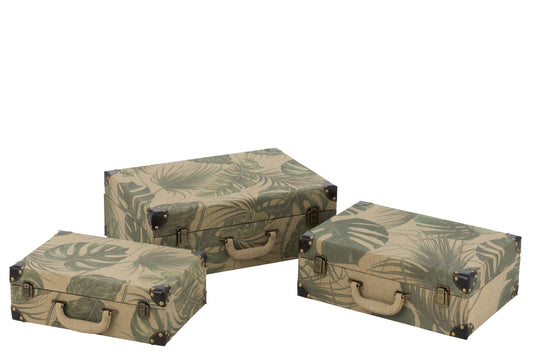 SET OF 3 SUITCASE DECORATIVE LEAVES MDF WOOD GREEN