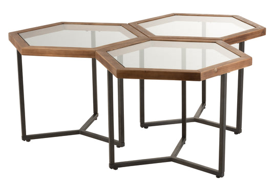 SET OF 3 SIDE TABLES HEXAGON GLASS/WOOD BROWN