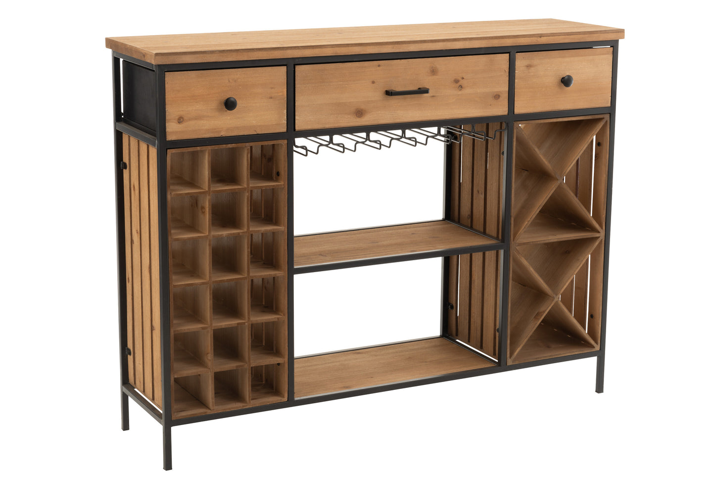 BAR CABINET FOR GLASSES+BOTTLES 3 DRAWERS WOOD/METAL NATURAL/BLACK