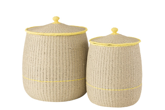 SET OF 2 BASKET+LID FLUO BORDER PAPER GREIGE