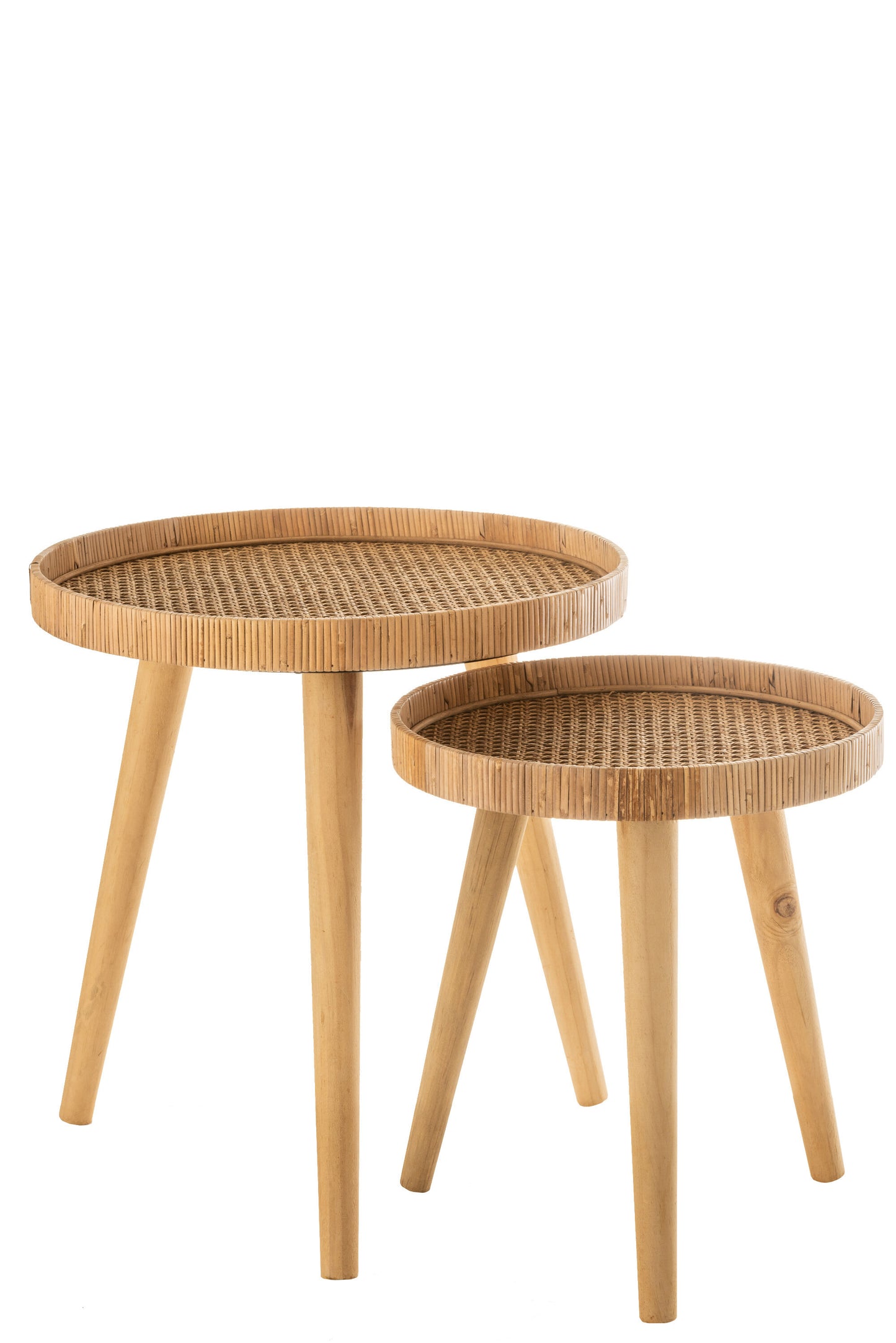 SET OF 2 SIDETABLES ROUND TRIPOD RATTAN NATURAL