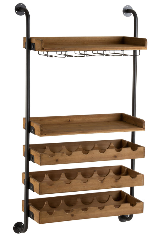 WALL SHELF FOR WINE BOTTLES+GLASSES WOOD NATURAL