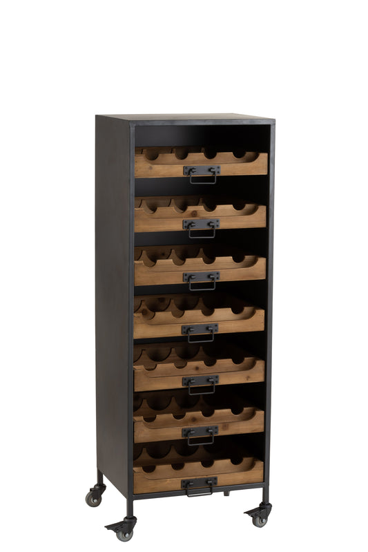 CABINET ON WHEELS 7 DRAWERS FOR WINE BOTTLES METAL/WOOD NATURAL