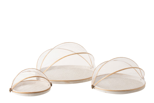 SET OF 3 TRAYS WITH FLY COVER BAMBOO WHITE