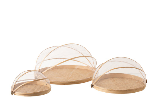 SET OF 3 TRAYS WITH FLY COVER BAMBOO NATURAL