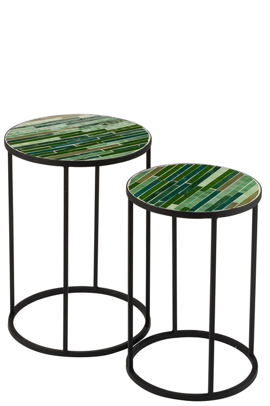 SET OF 2 SIDE TABLES LINES MOSAIC METAL/GLASS BLACK/GREEN