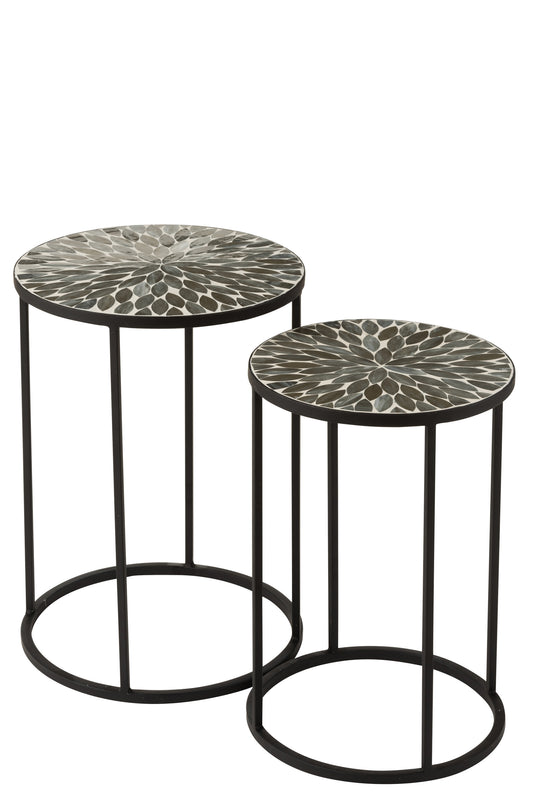 SET OF 2 SIDE TABLES LEAVES MOSAIC METAL/GLASS BLACK/TAUPE