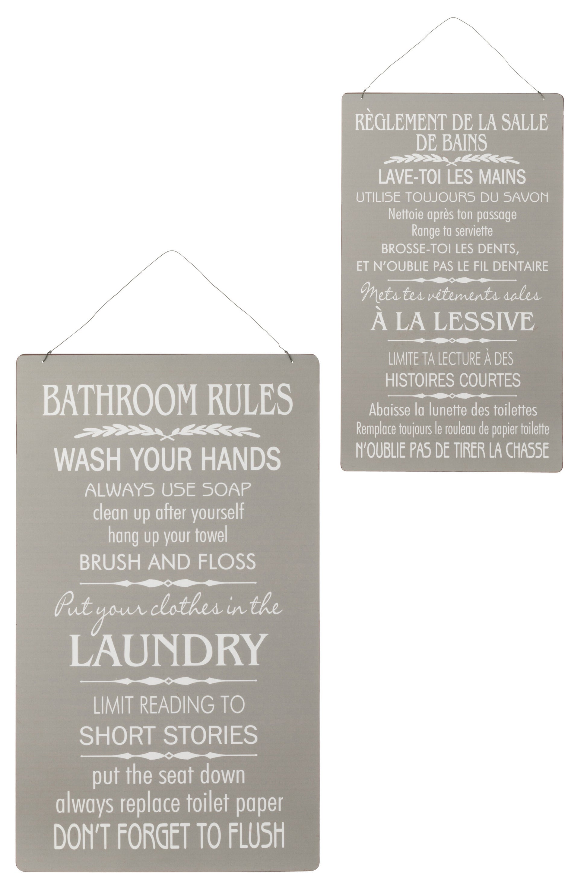 PLACARD SALLE DE BAIN/BATHROOM ENGLISH/FRENCH METAL GREY/WHITE ASSORTMENT OF 2