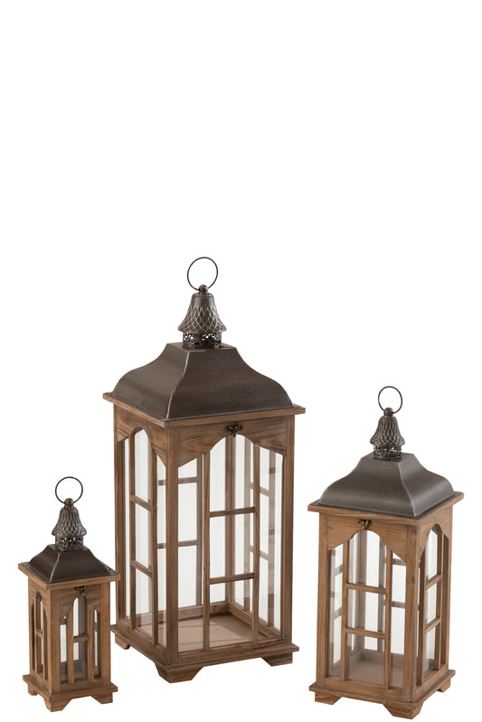 SET OF 3 LANTERNS CHALET SPRUCE WOOD BROWN