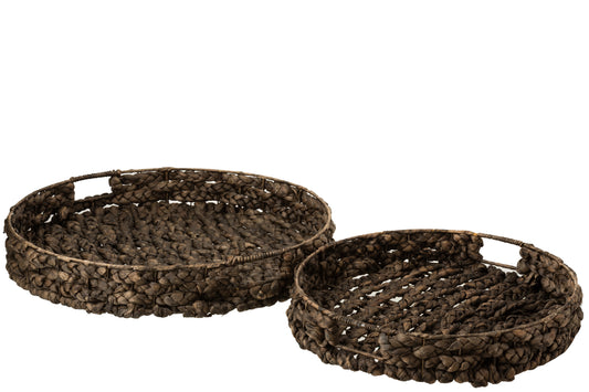 SET OF 2 TRAYS ROUND WATER HYACINTH/GLASS BROWN