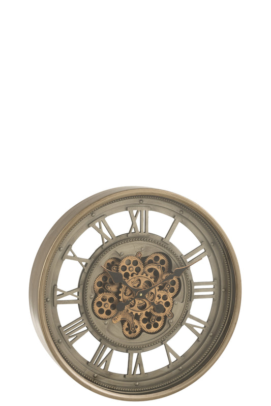 CLOCK ROMAN NUMERALS VISIBLE MECANISM METAL+GLASS ANTIQUE GOLD/GREY