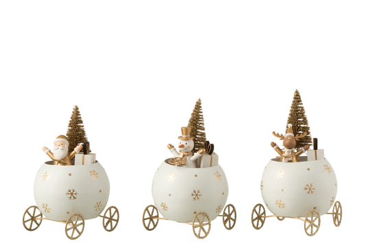 REINDEER/SANTA IN BALL CAR METAL WHITE/GOLD ASSORTMENT OF 3