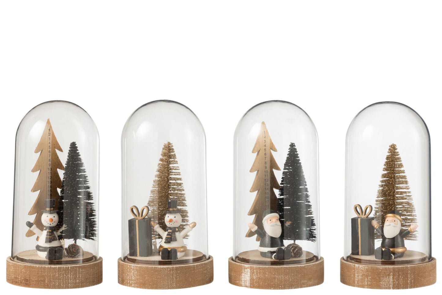 BELL JAR CHRISTMAS+LED WOOD BLACK/GOLD LARGE ASSORTMENT OF 4