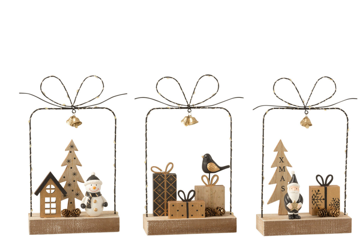 GIFT+LED CHRISTMAS WOOD BLACK/GOLD/NATURAL ASSORTMENT OF 3