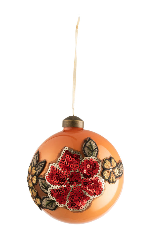 CHRISTMAS BAUBLE EMBROIDERY FLOWER GLASS OCHRE/MIX