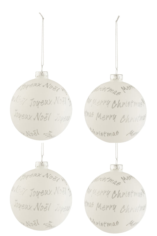 BOX OF 4 CHRISTMAS BAUBLES XMAS/NOEL GLASS WHITE/SILVER MEDIUM