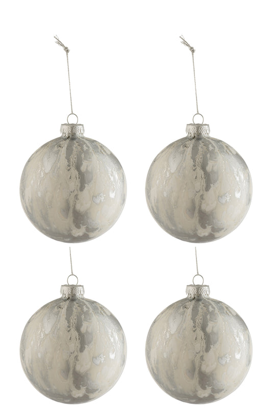 BOX OF 4 CHRISTMAS BAUBLES MARBLE LOOK GLASS WHITE/SILVER MEDIUM