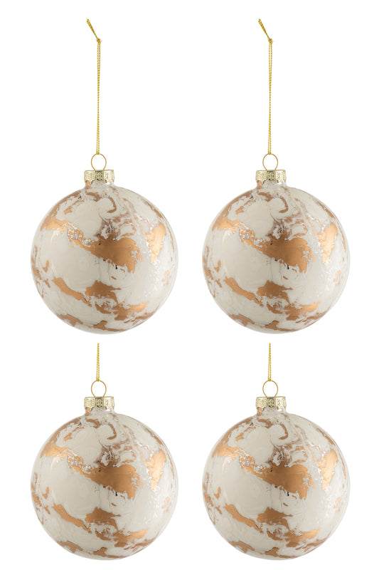 BOX OF 4 CHRISTMAS BAUBLES MARBLE LOOK GLASS WHITE/GOLD MEDIUM