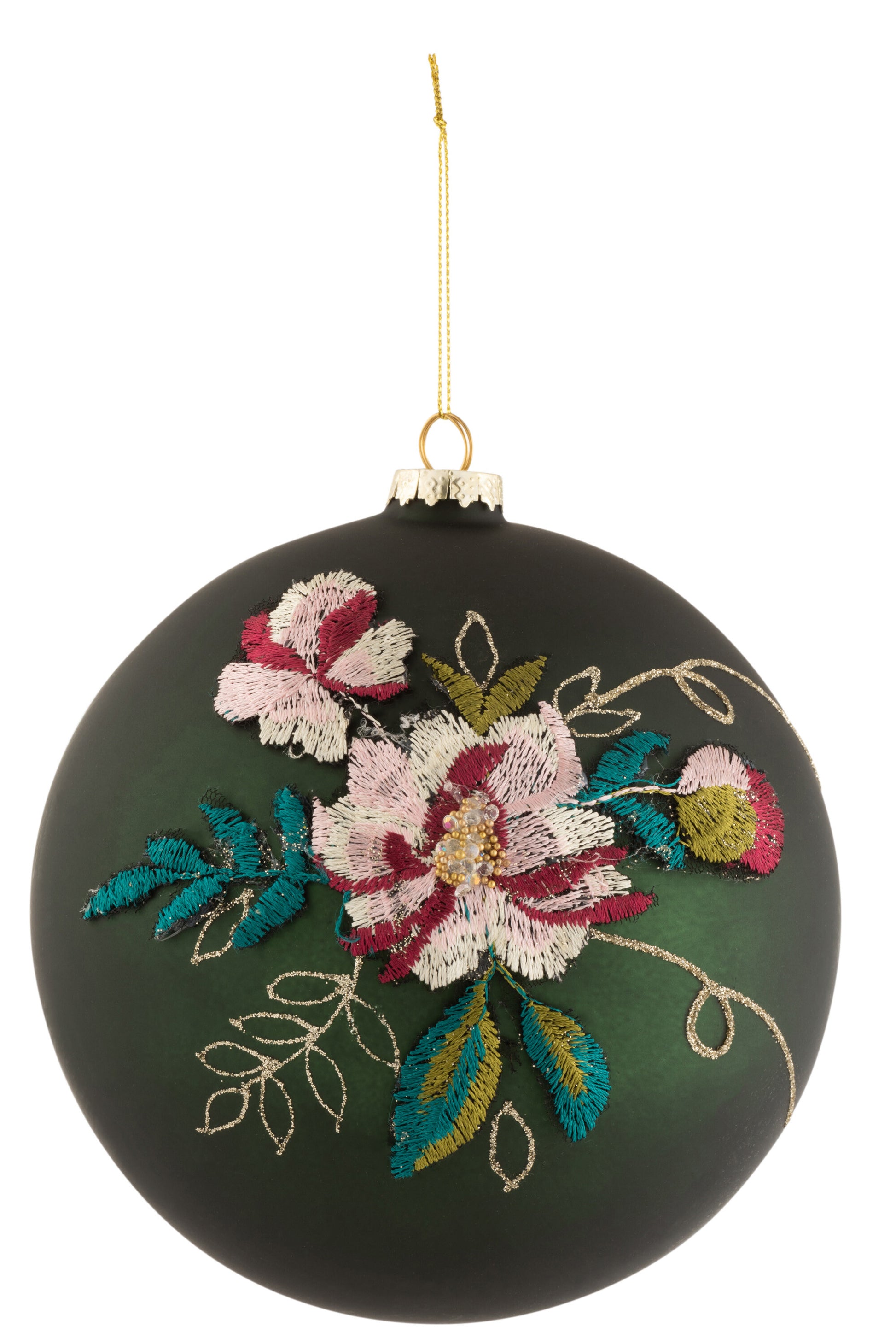 CHRISTMAS BAUBLE EMBROIDERED FLOWER GLASS DARK GREEN/MIX XL