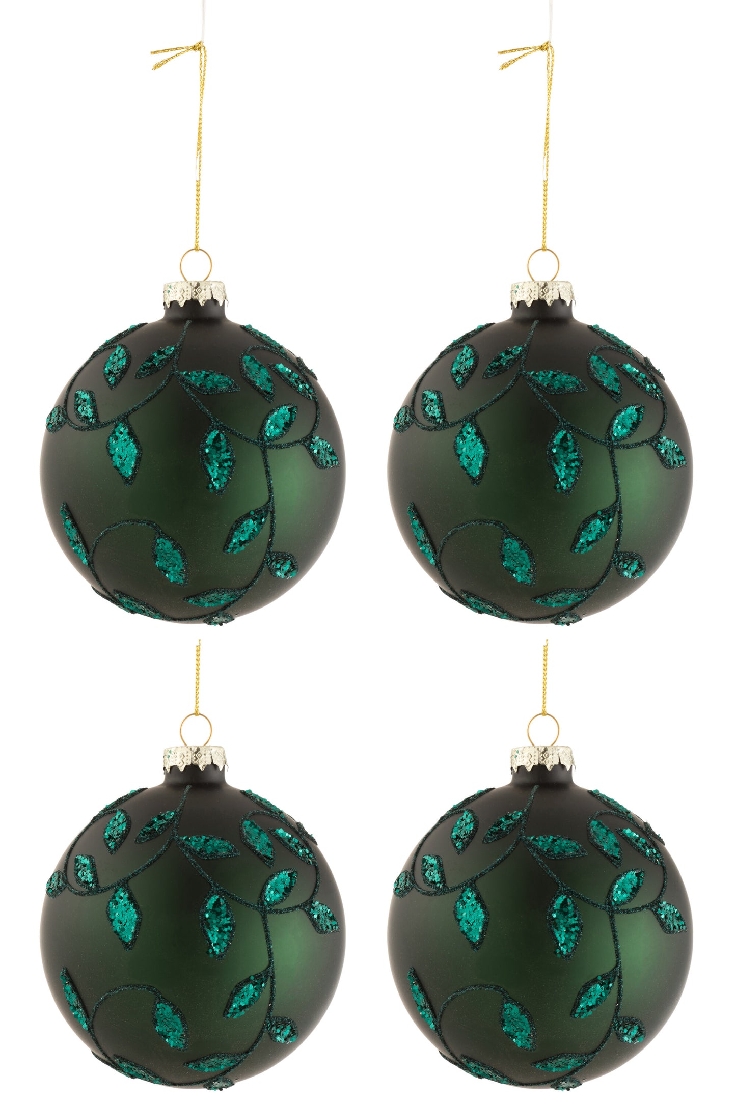 BOX OF 4 CHRISTMAS BAUBLES LEAVES GLITTER GLASS MATTE GREEN MEDIUM