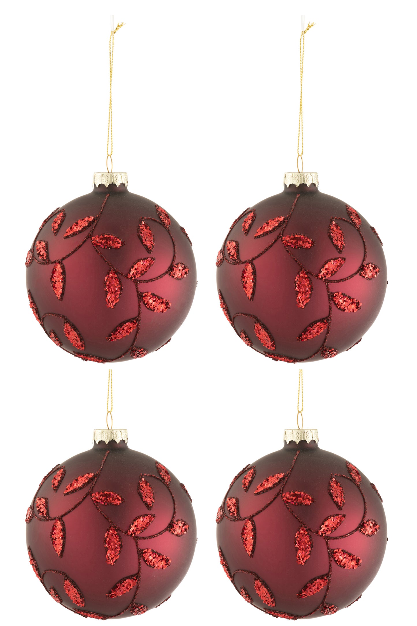 BOX OF 4 CHRISTMAS BAUBLES LEAVES GLITTER GLASS MATTE CHRISTMAS RED MEDIUM