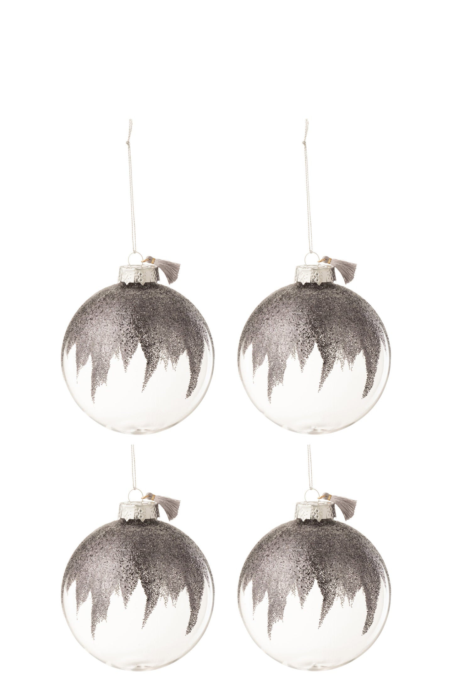 BOX OF 4 CHRISTMAS BAUBLES GLITTER MINI TASSEL GREY GLASS TRANSPARENT MEDIUM