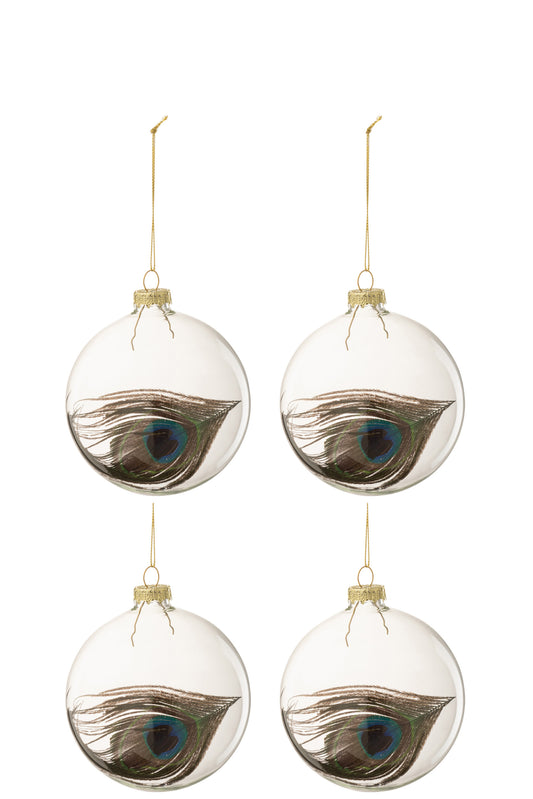 BOX OF 4 CHRISTMAS BAUBLES PEACOCK FEATHER GLASS TRANSPARENT MEDIUM