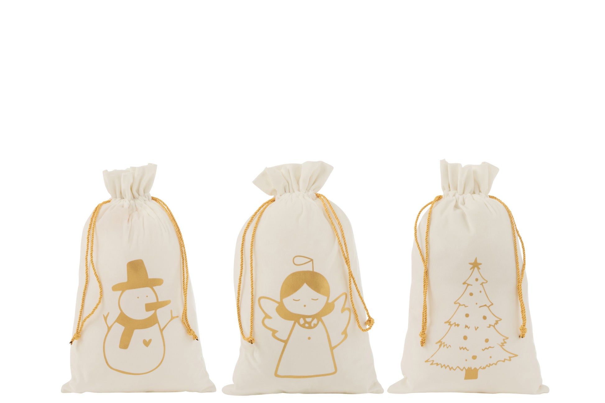 BAG CHRISTMAS ANGEL/CHRISTMAS TREE/SNOWMAN VELVET WHITE/GOLD MEDIUM ASSORTMENT OF 3