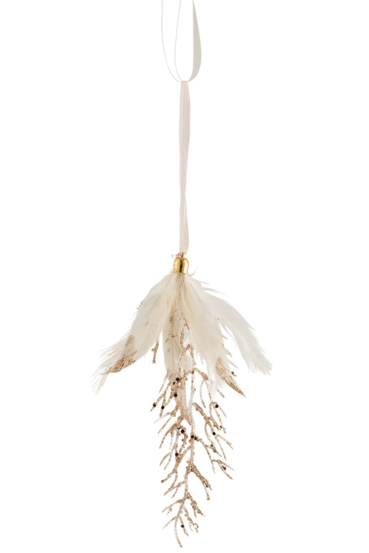 HANGER FEATHERS+STONE GLITTER ECRU/GOLD