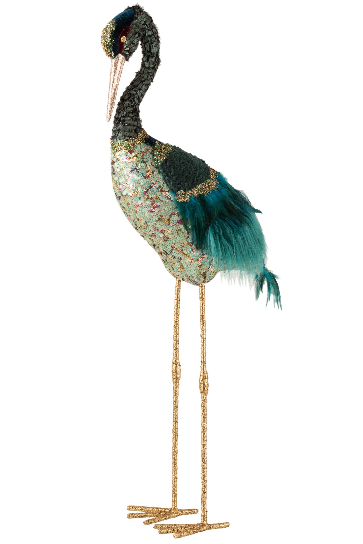 CRANE STANDING FEATHERS DECO AZURE GREEN MIX GOLD