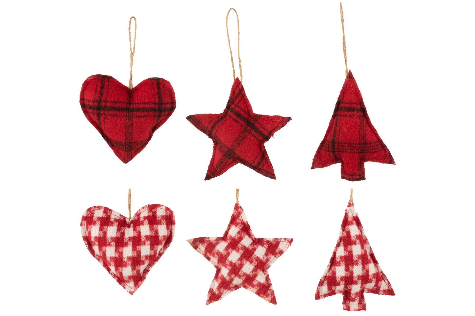 HANGER HEART/STAR/CHRISTMAS TREE TEXTILE CHEQUERED RED/WHITE ASSORTMENT OF 6