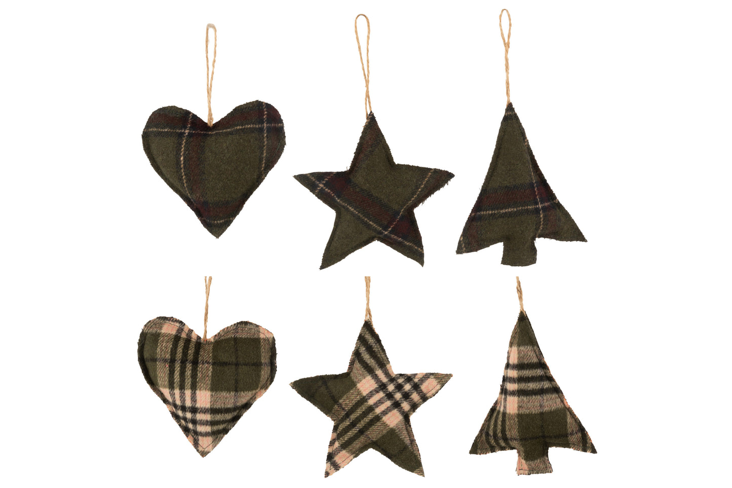 HANGER HEART/STAR/CHRISTMAS TREE TEXTILE CHEQUERED KHAKI/BROWN ASSORTMENT OF 6