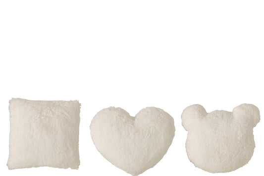 CUSHION SQUARE/HEART/BEAR HEAD PLUSH WHITE ASSORTMENT OF 3