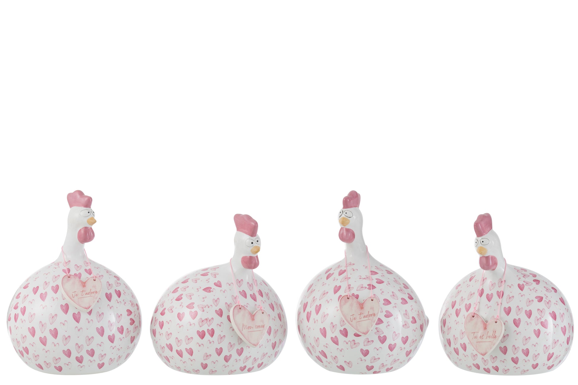 CHICKEN TEXTS HEARTS CERAMIC WHITE PINK LARGE ASSORTMENT OF 4