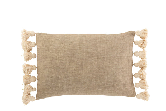 CUSHION RECTANGLE POMPOM COTTON POLYESTER TAUPE