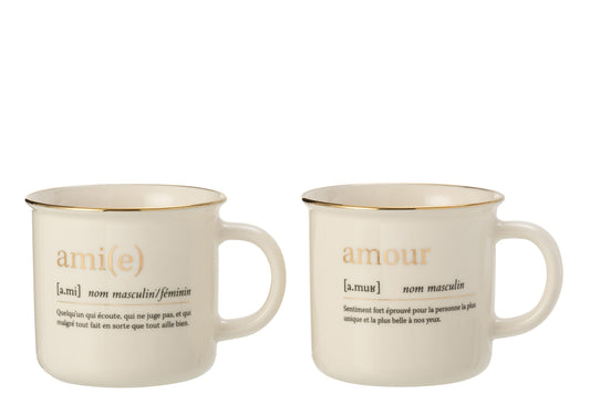 MUG MESSAGE AMOUR AMI CERAMIC GOLD ASSORTMENT OF 2