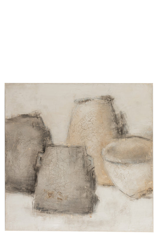 PAINTING ABSTRACT POTS CANVAS/WOOD GREY/BEIGE