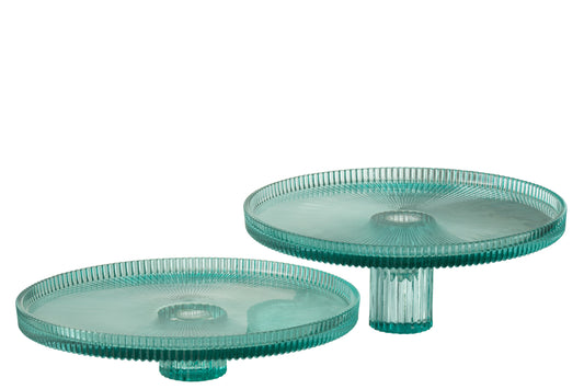 SET OF 2 PIE HOLDER MARE CUT GLASS AZURE BLUE