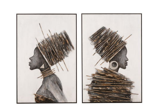 PAINTING AFRICAN WOMAN WOOD/CANVAS BROWN/GREY ASSORTMENT OF 2