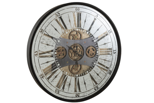 CLOCK ROUND ROMAN NUMERALS MECHANISM MIRROR ANTIQUE BLACK