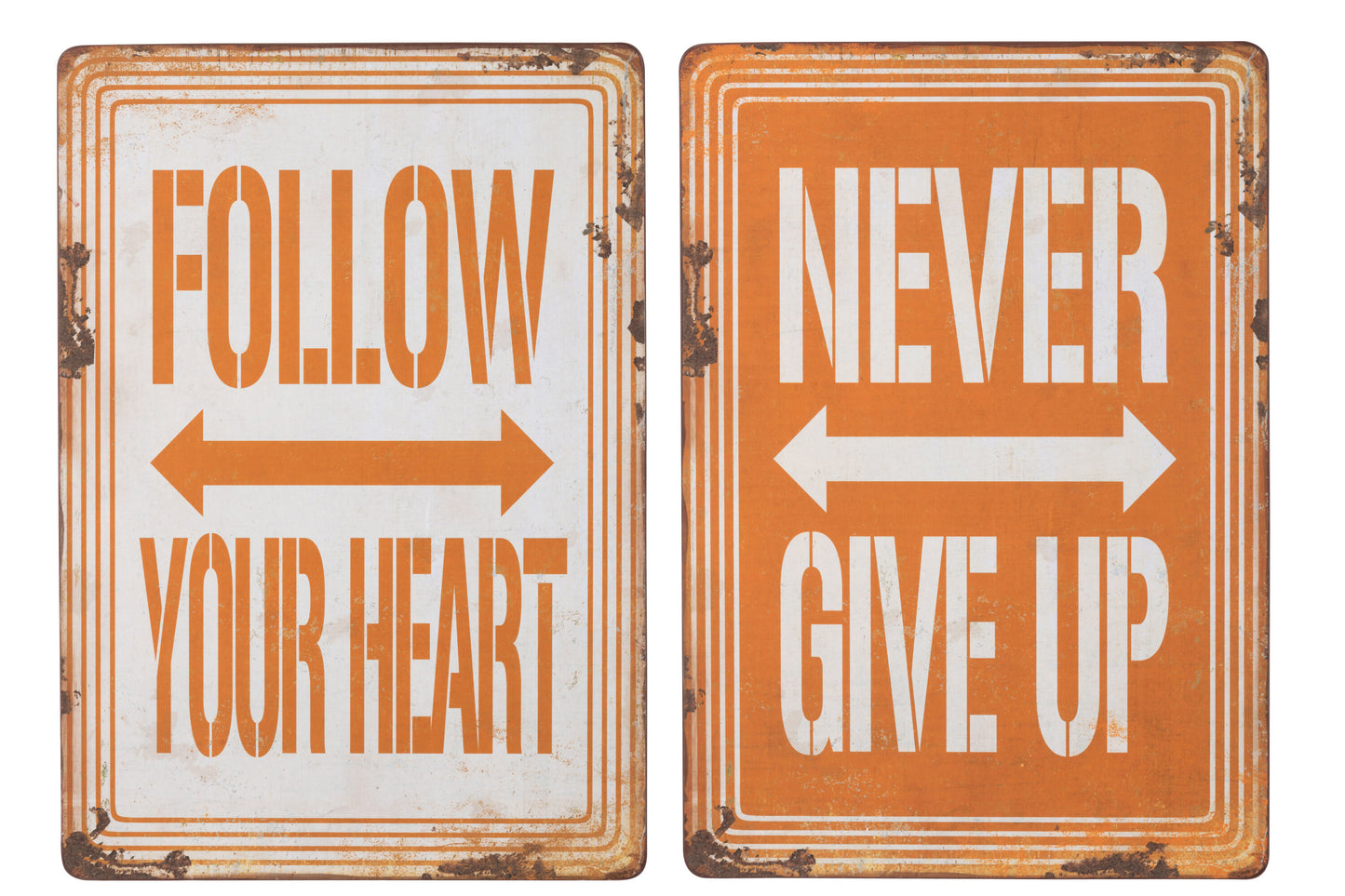 PLACARD FOLLOW/NEVER METAL OCHRE ASSORTMENT OF 2