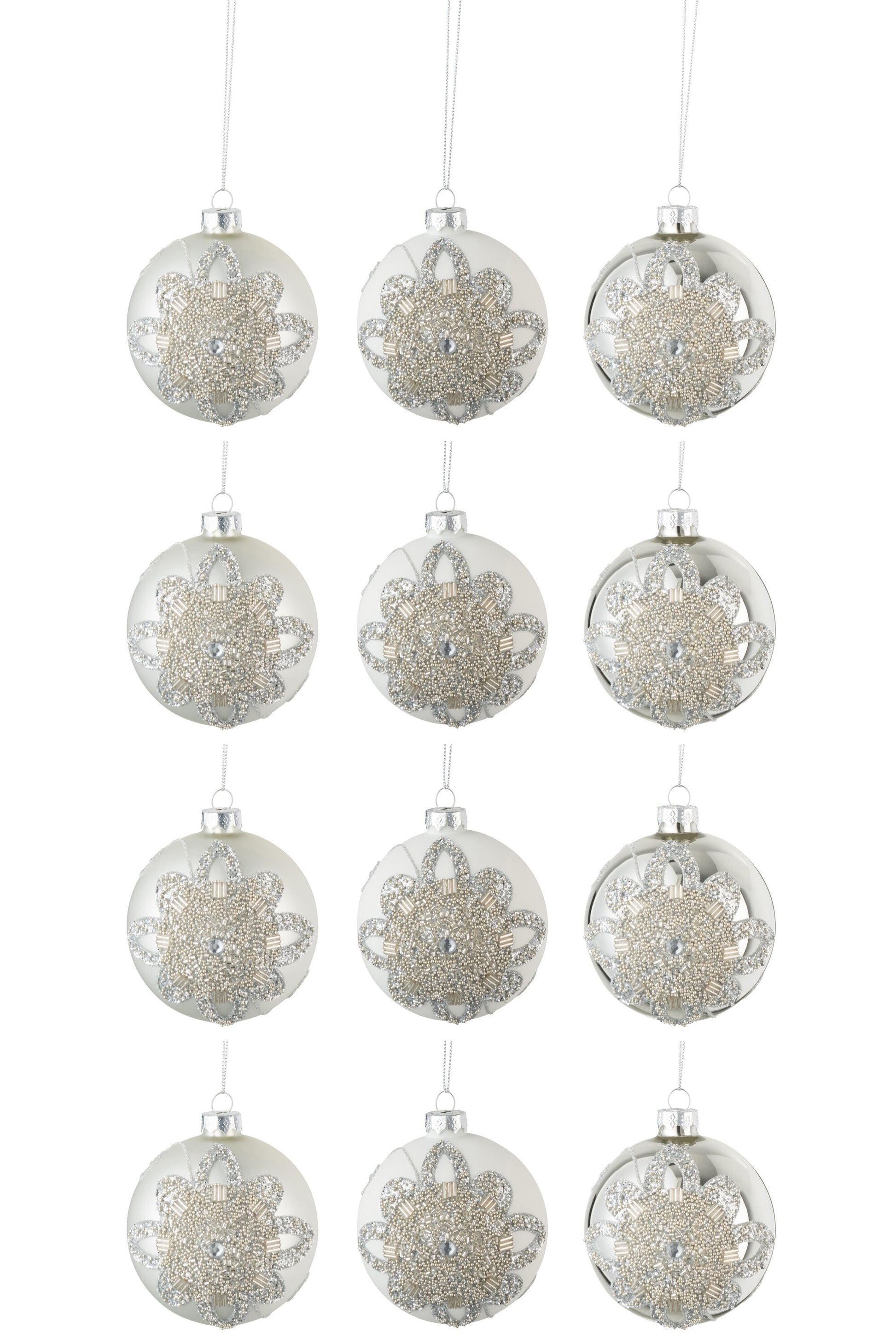 BOX OF 12 CHRISTMAS BAUBLES 4+4+4 ORNAMENT PEARLS GLASS MATTE WHITE/MATTE SILVER/SHINING SILVER SMALL