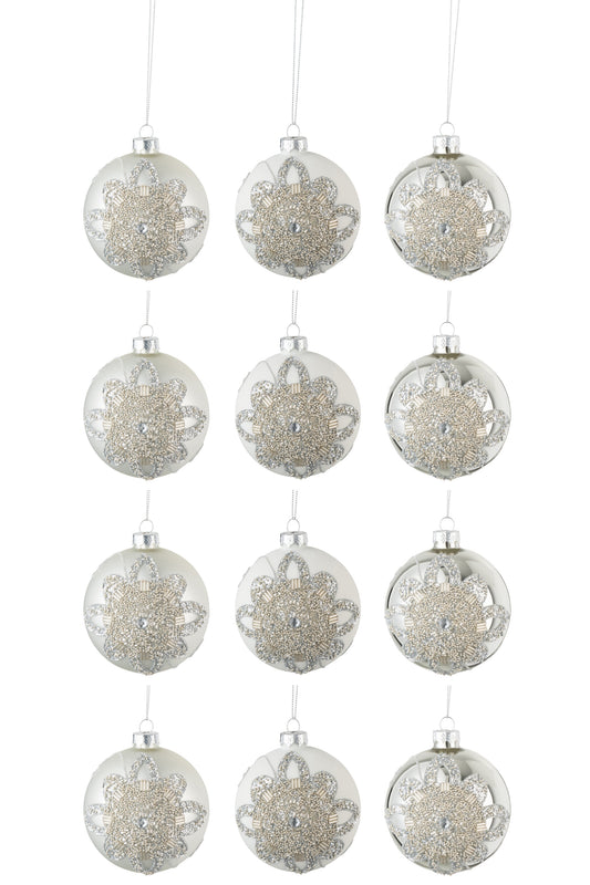 BOX OF 12 CHRISTMAS BAUBLES 4+4+4 ORNAMENT PEARLS GLASS MATTE WHITE/MATTE SILVER/SHINING SILVER SMALL