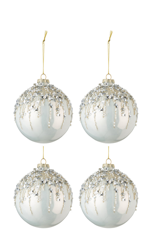 BOX OF 4 CHRISTMAS BAUBLES PEARLS GLITTER GLASS PEARL WHITE MEDIUM