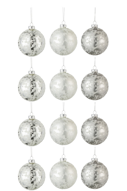 BOX OF 12 CHRISTMAS BAUBLES 4+4+4 SUGAR GLASS MATTE GREY/MATTE WHITE/SHINING SILVER SMALL