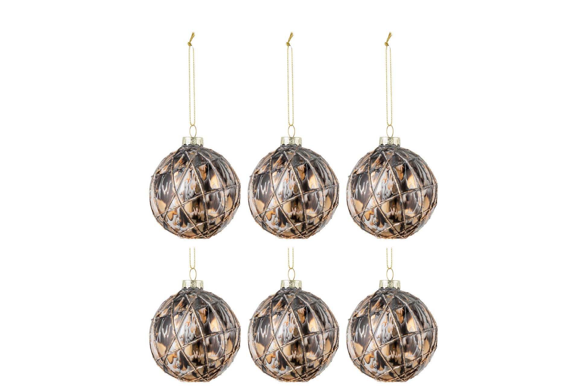 BOX OF 6 CHRISTMAS BAUBLES ROPES GLASS BLACK/BRONZE/GREY SMALL