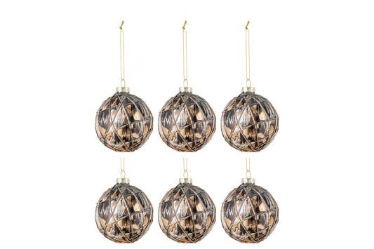 BOX OF 6 CHRISTMAS BAUBLES ROPES GLASS BLACK/BRONZE/GREY SMALL