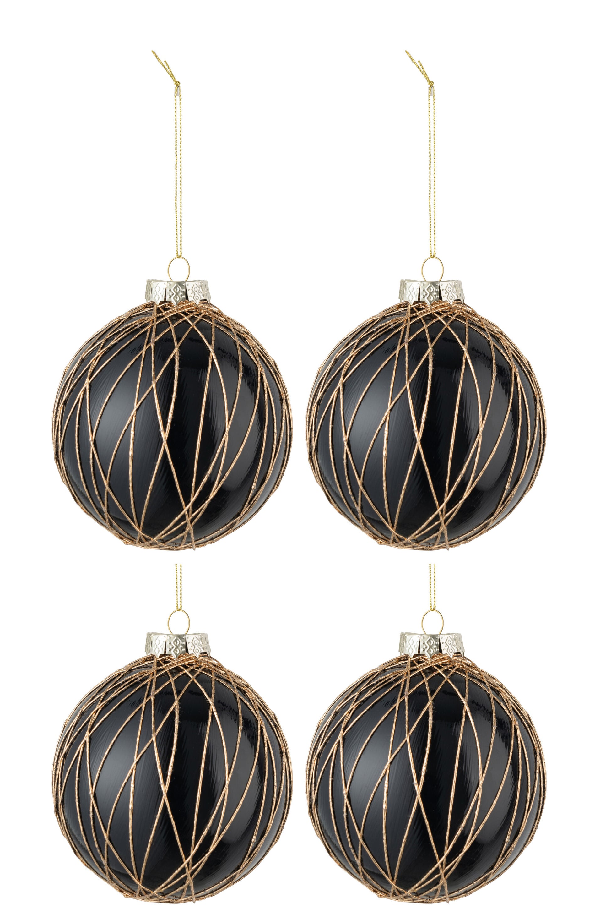 BOX OF 4 CHRISTMAS BAUBLES ROPES LINES GOLD GLASS BLACK MEDIUM