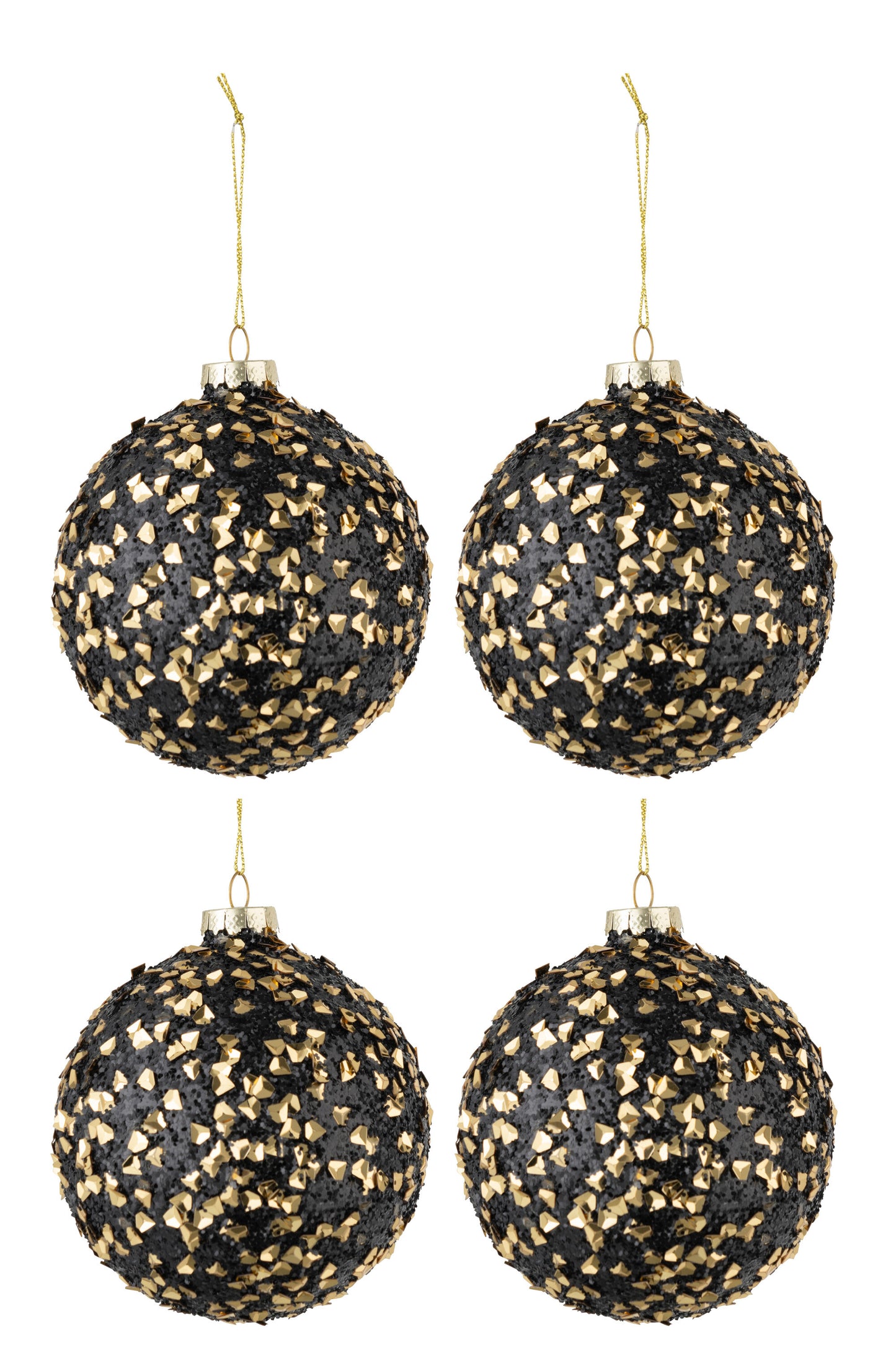 BOX OF 4 CHRISTMAS BAUBLES GLITTER SEQUINS GLASS BLACK GOLD MEDIUM