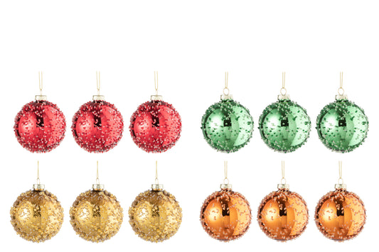 BOX OF 12 CHRISTMAS BAUBLES 3+3+3+3 PEARLS GLASS GOLD/RED/ORANGE/GREEN SMALL